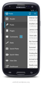 Version 2.3 of WordPress for Android: menu drawer on Samsung Galaxy S3