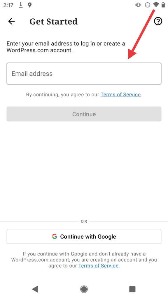 Prompt to enter email address in WordPress mobile app